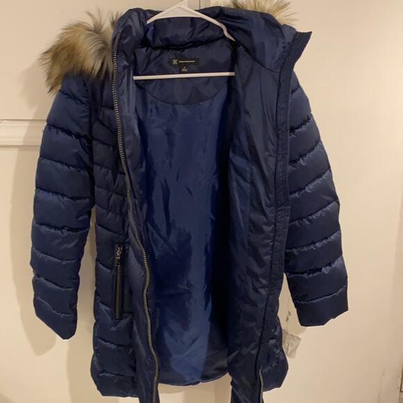 NWT INC International Concepts Faux-Fur Trim Hooded Puffer Co Royal blue S - Picture 2 of 16